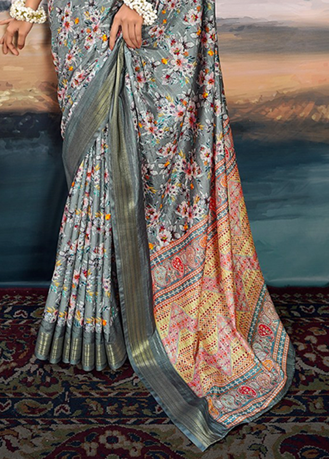 Pure Cotton Silk,Digital Print Organza Saree (Grey)