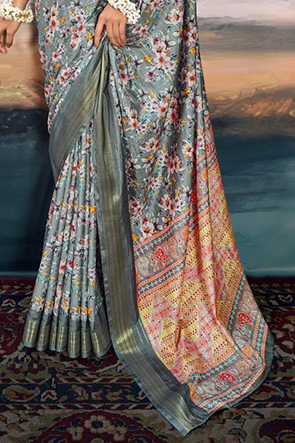 Pure Cotton Silk,Digital Print Organza Saree (Grey)