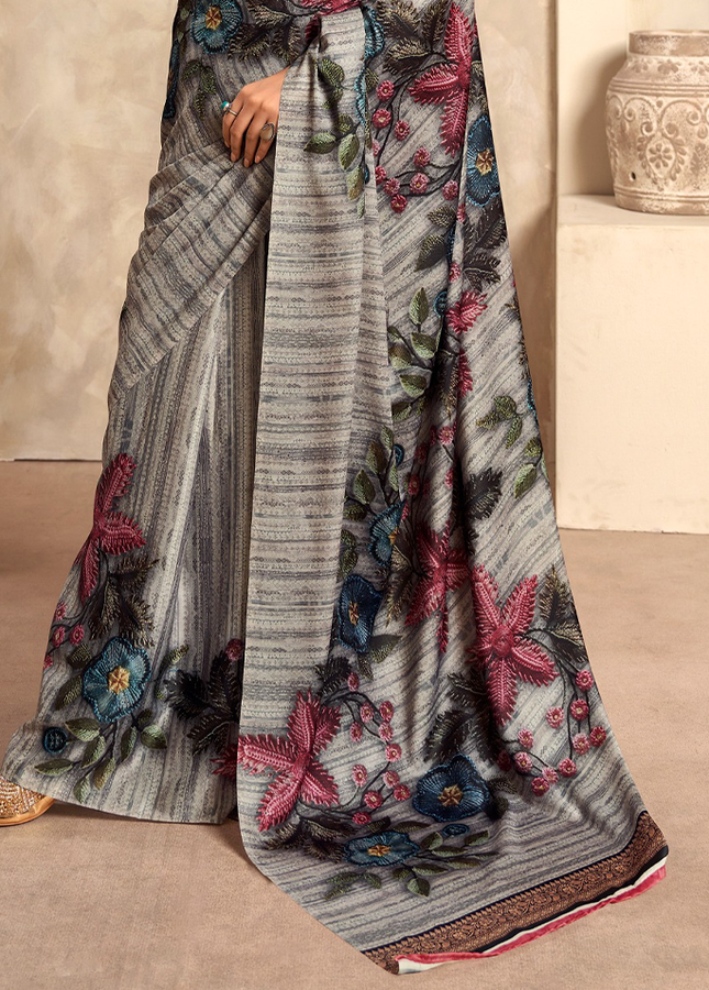 Fancy Print,Crape Silk Saree (Grey)