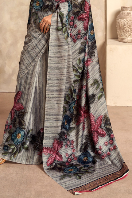 Fancy Print,Crape Silk Saree (Grey)