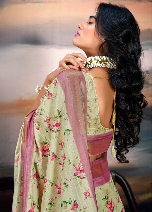 Pure Cotton Silk,Digital Print Organza Saree (Pista)
