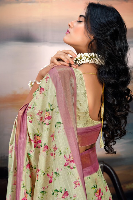 Pure Cotton Silk,Digital Print Organza Saree (Pista)