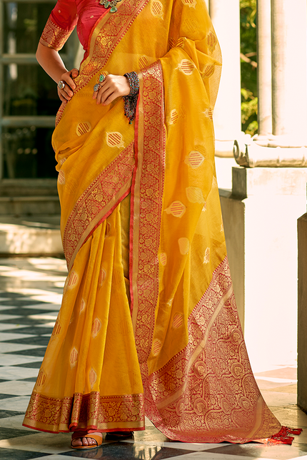Weaving,Rich Pallu,Tissue Silk Saree (Yellow)