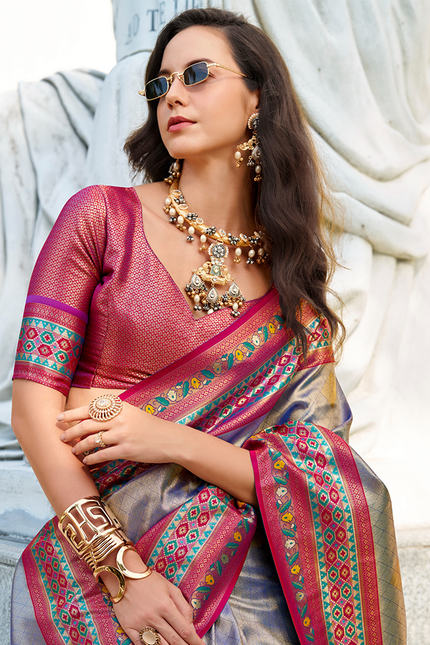 Paithani,Tissue Silk Saree (Grey)