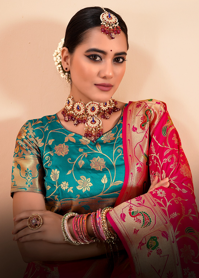 Paithani Silk Saree With Contrast Blouse (Red)