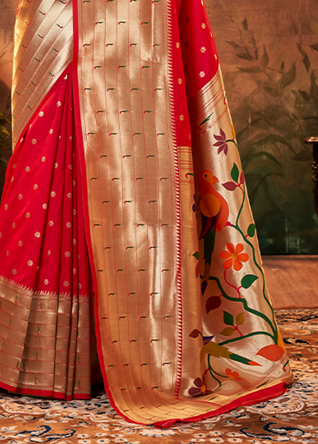 Pure Paithani Silk,Weaving Saree (Red)