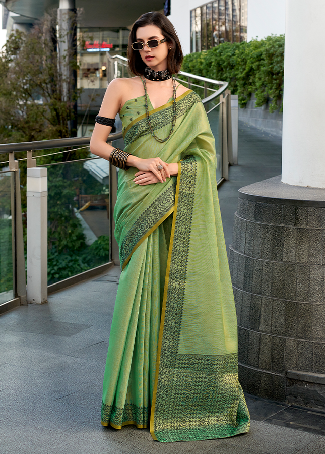 Linen Tissue,Gala Border Saree (Oliv Green)
