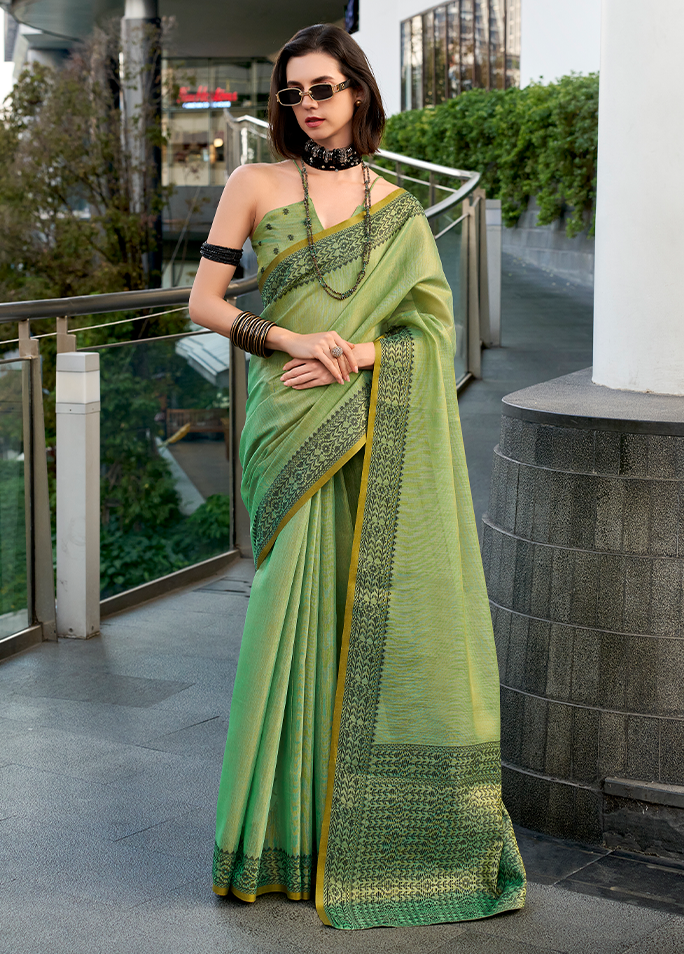 Linen Tissue, Gala Border Saree (Olive Green)