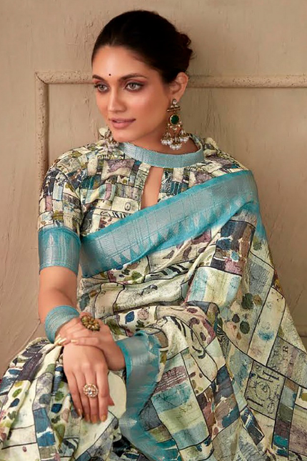 Geometric Print,Digital Saree (Sky Blue)