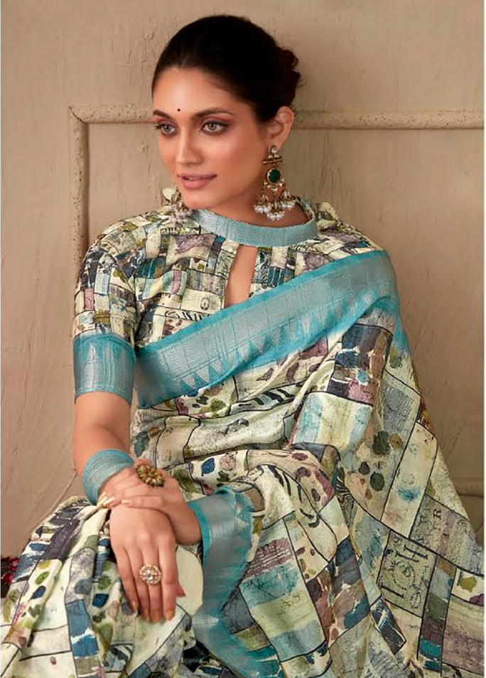 Geometric Digital Print Saree (Sky Blue)