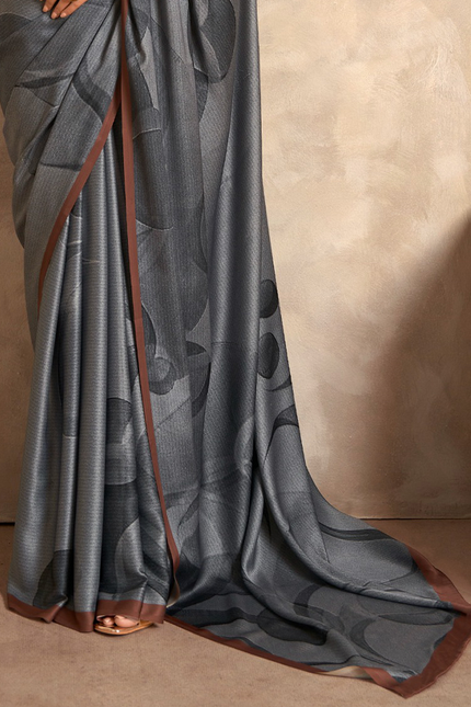 Fancy Print,Crape Silk Saree (Grey & Brown)