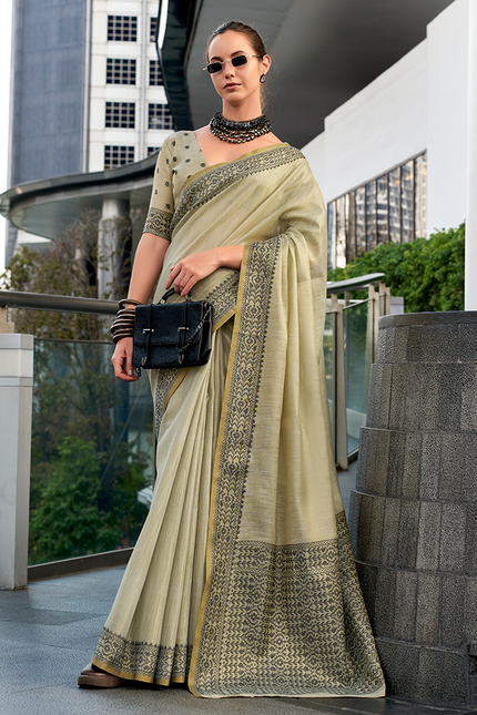 Linen Tissue,Gala Border Saree (Gin Green)