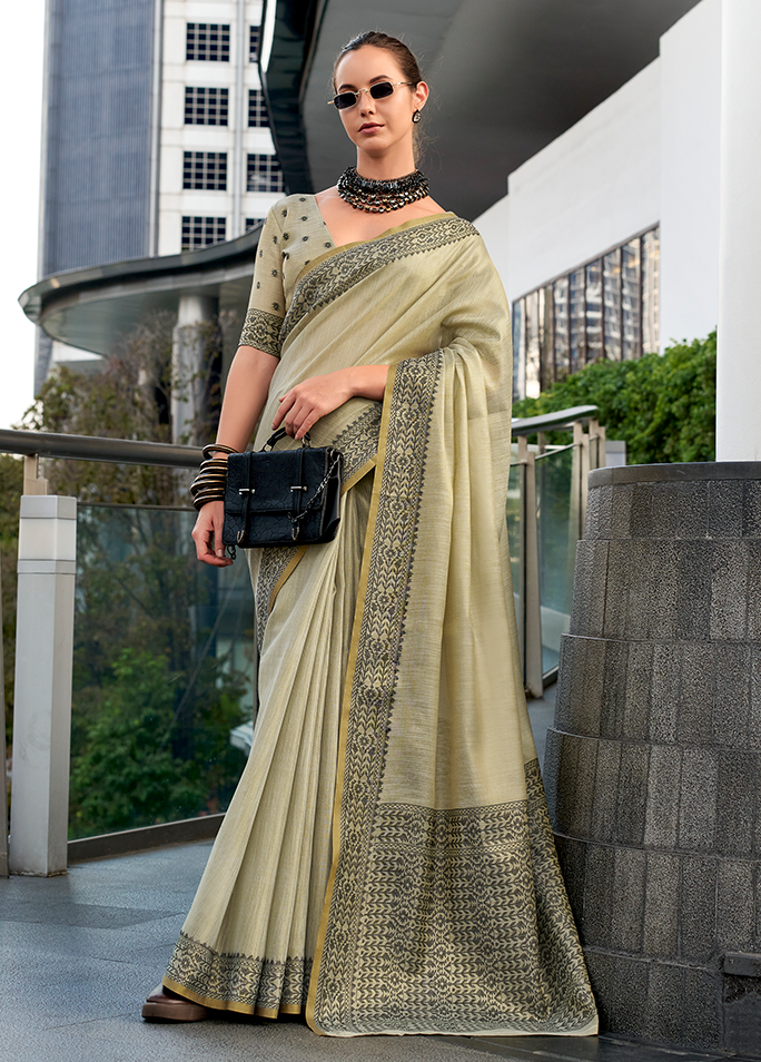 Linen Tissue, Gala Border Saree (Gin Green)
