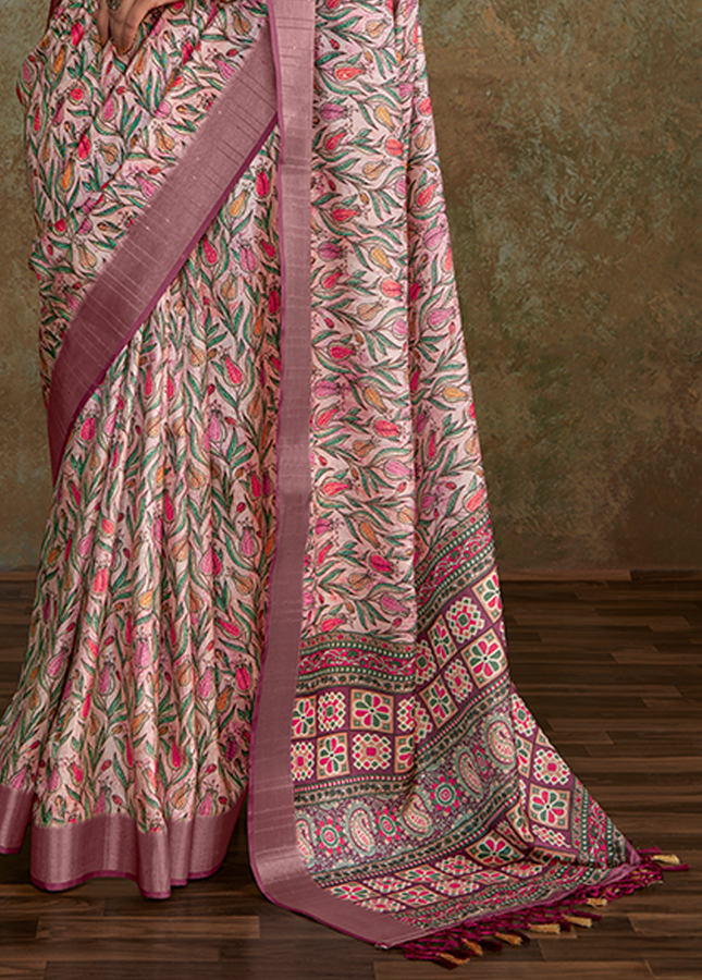 Handloom with All Over Print, Sequence Weaving Saree (Pink)
