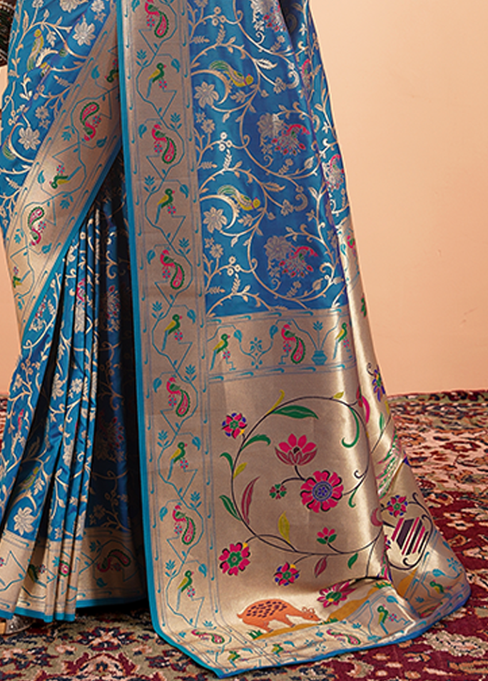 Paithani Silk Saree With Contrast Blouse (Sky Blue)