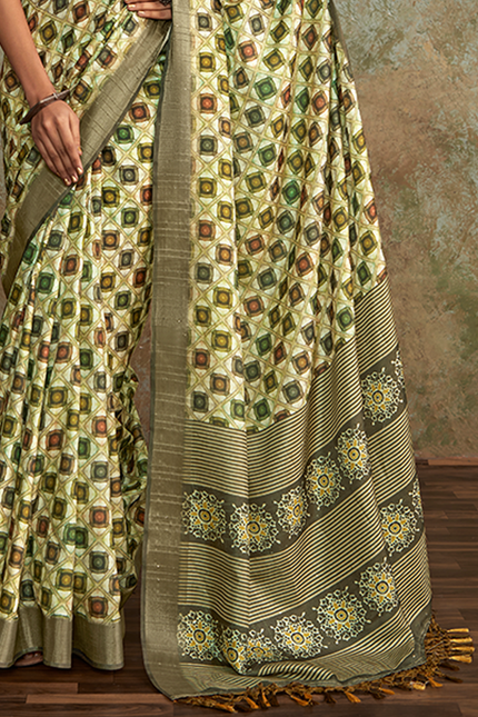 Handloom with All Over Print, Sequence Weaving Saree (Cream)