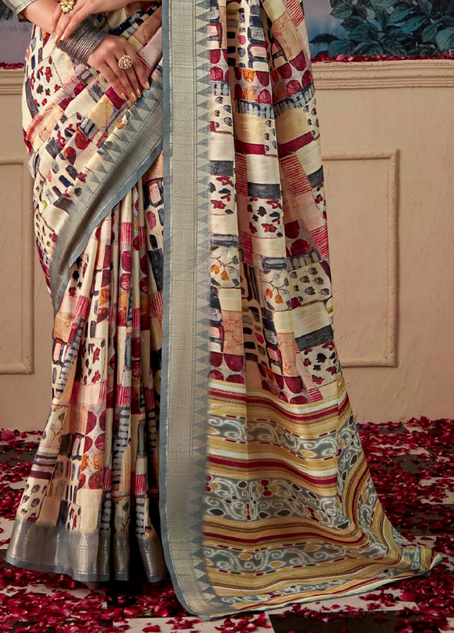 Geometric Print,Digital Saree (Cream & Slate)