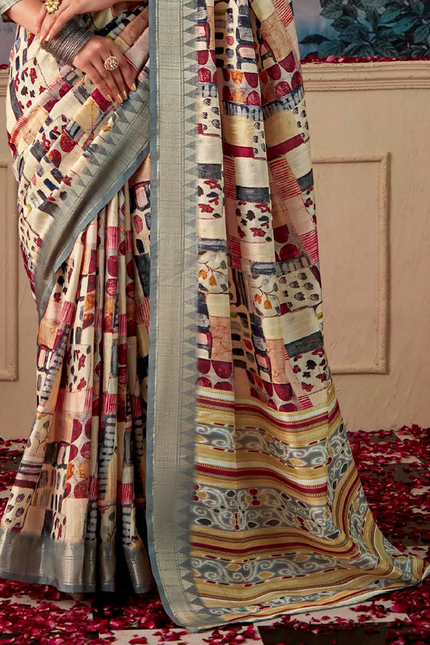 Geometric Print,Digital Saree (Cream & Slate)