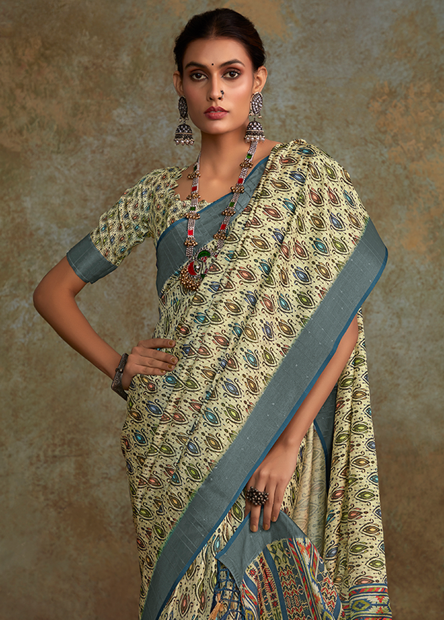 Handloom with All Over Print, Sequence Weaving Saree (Cream)