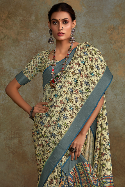 Handloom with All Over Print, Sequence Weaving Saree (Cream)