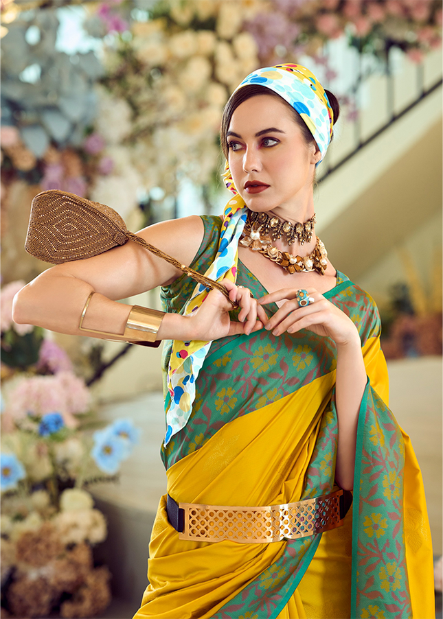 Ikkat Border, Soft silk Contrast pallu Saree (Yellow)