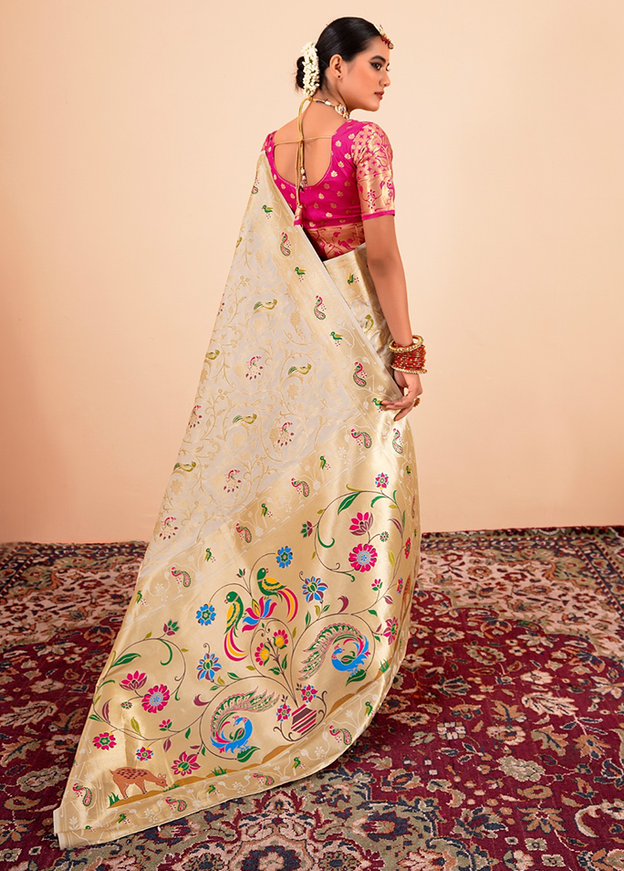 Paithani Silk Saree With Contrast Blouse (Cream)