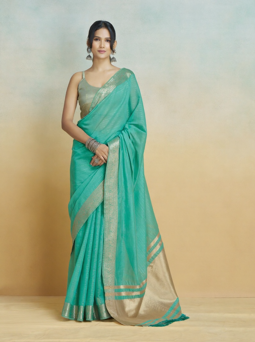 Banarasi Border, Pure Handloom Khadi Silk With Chit Pallu & Tassels (Aqua Blue)