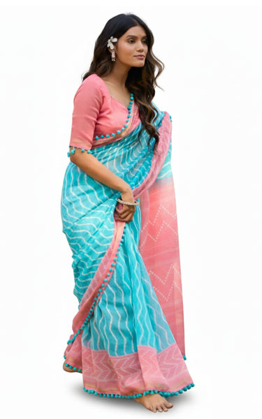 Mal Mal Cotton Saree with Stylish Pum Pum Border
