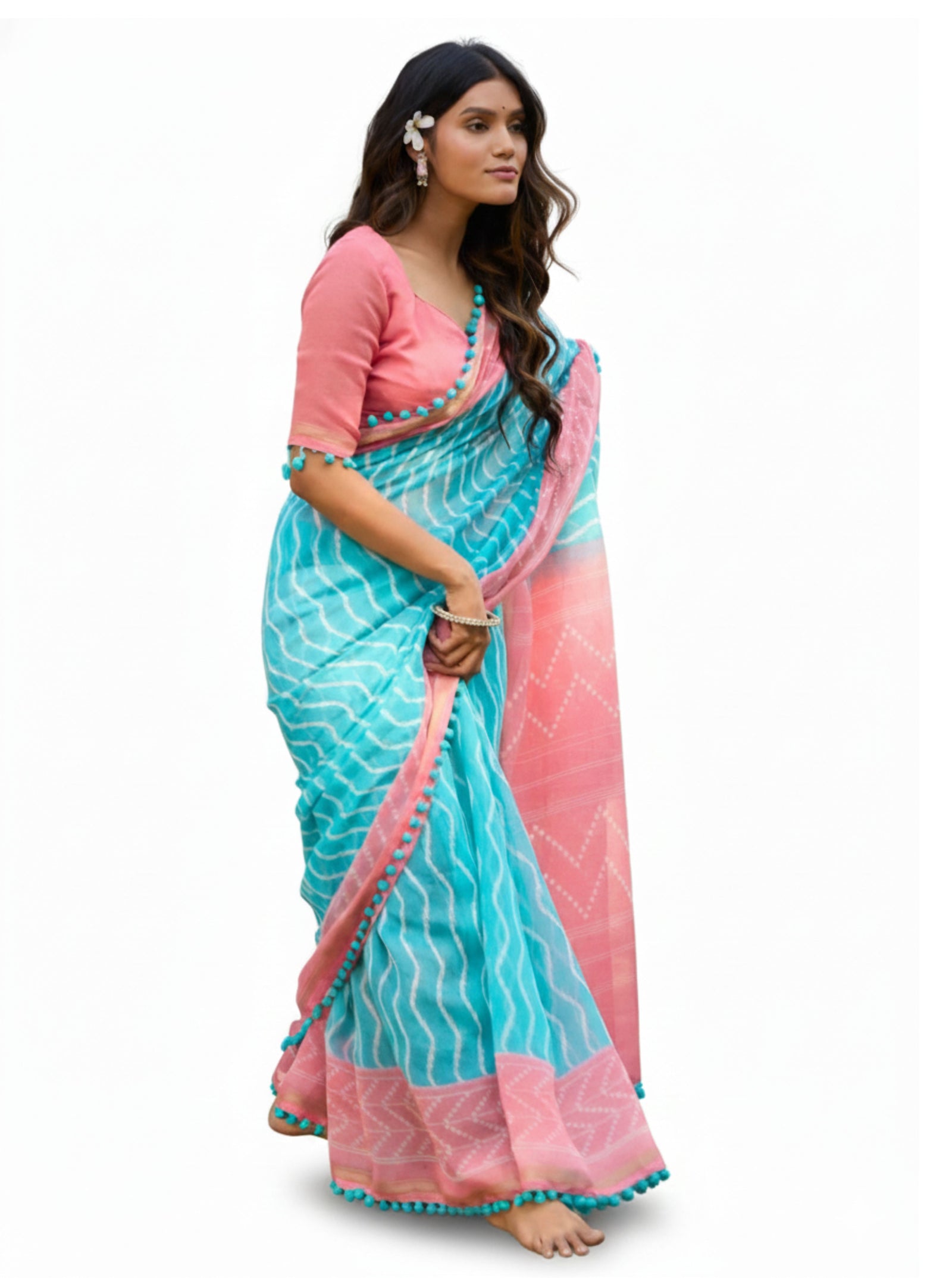 Mal Mal Cotton Saree with Stylish Pum Pum Border