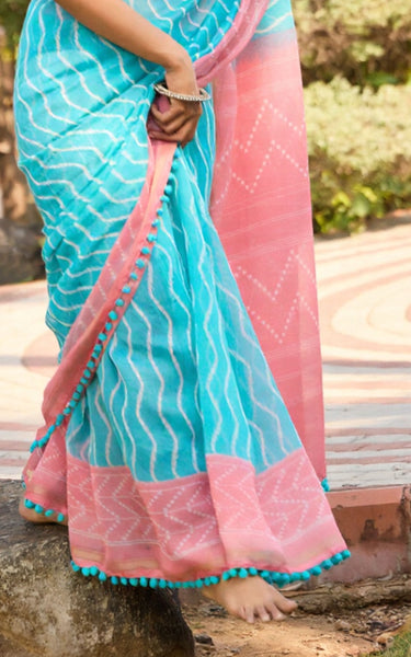 Mal Mal Cotton Saree with Stylish Pum Pum Border