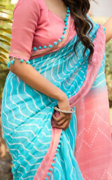 Mal Mal Cotton Saree with Stylish Pum Pum Border