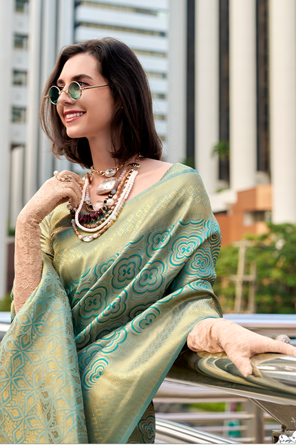 Kanjivaram style, sattin crape silk Saree (Green)