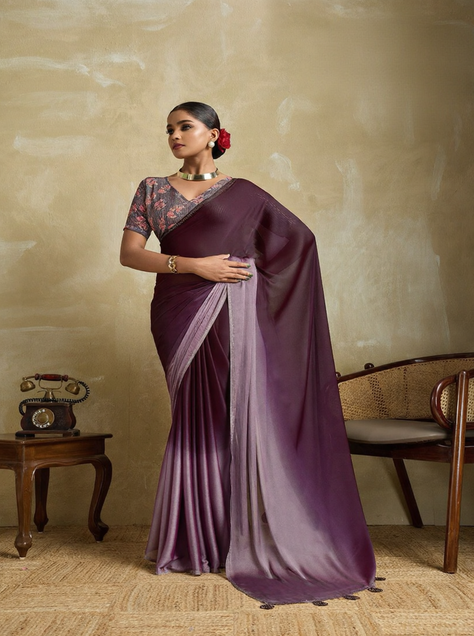 3D Velvet Chiffon Saree with Sequin Blouse
