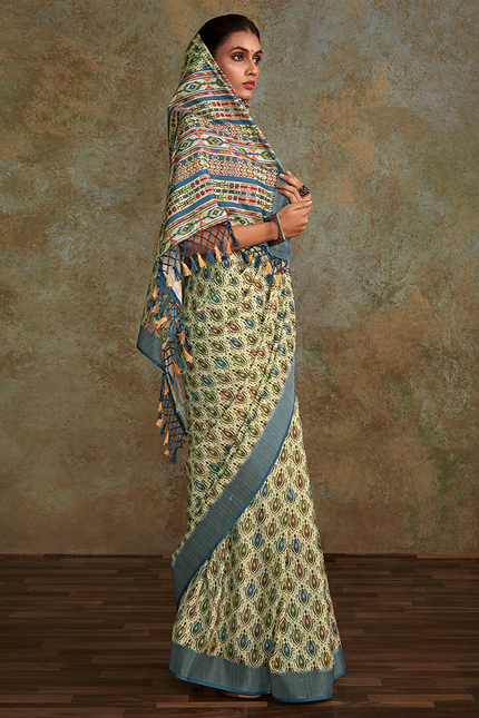 Handloom with All Over Print, Sequence Weaving Saree (Cream)
