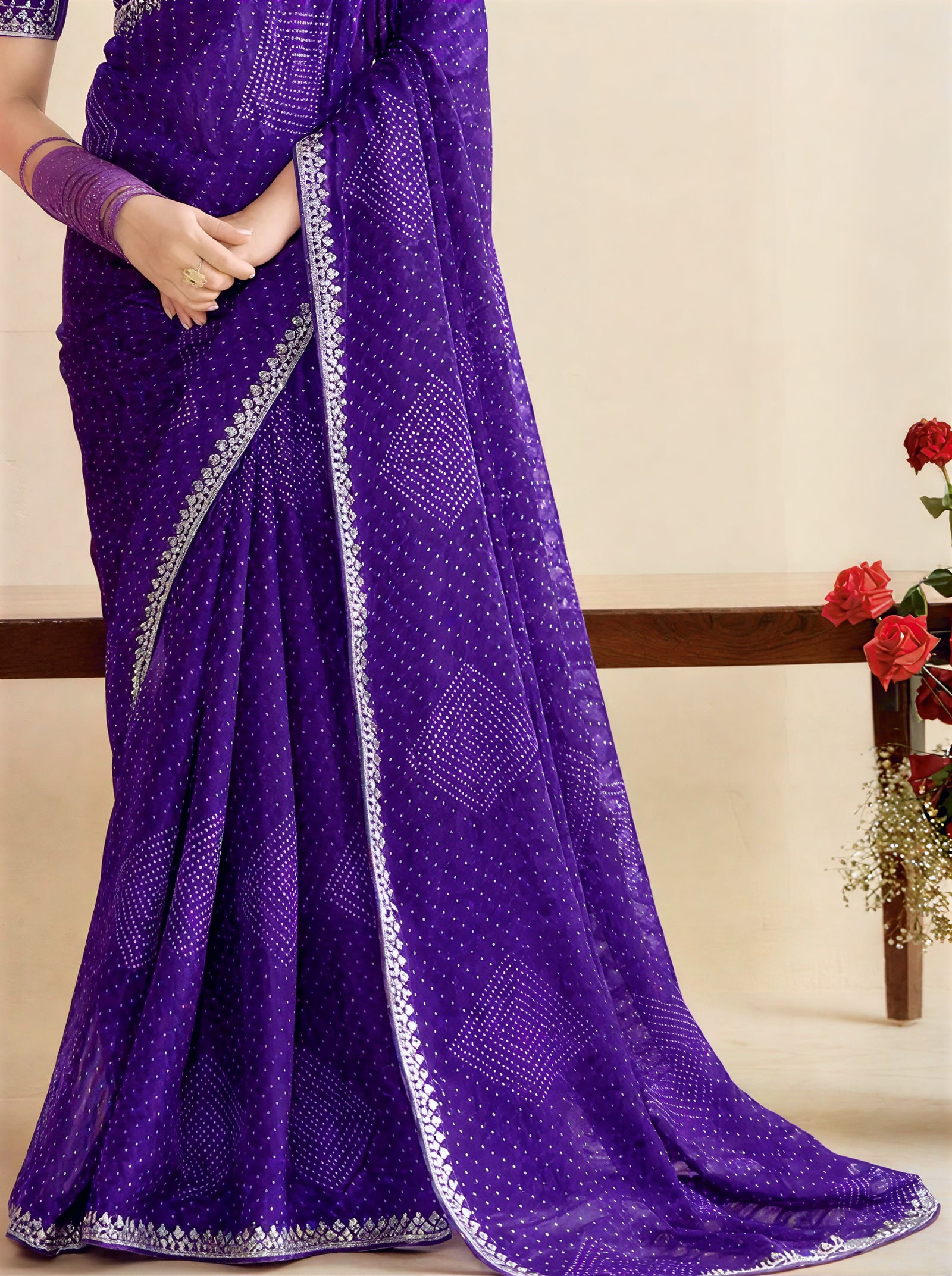 Georgette Cutwork Embroidery Saree Purple Party Wear with Blouse Piece