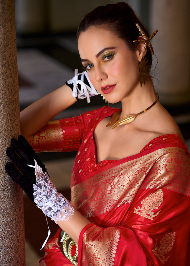 Weaving,Rich Pallu,Satin Mugha Silk Saree(Red)