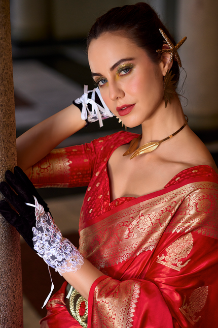 Weaving,Rich Pallu,Satin Mugha Silk Saree(Red)