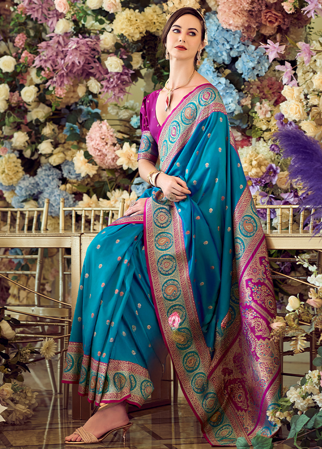Minakari Paithani,Pure Soft Banarasi Silk Saree (Blue)
