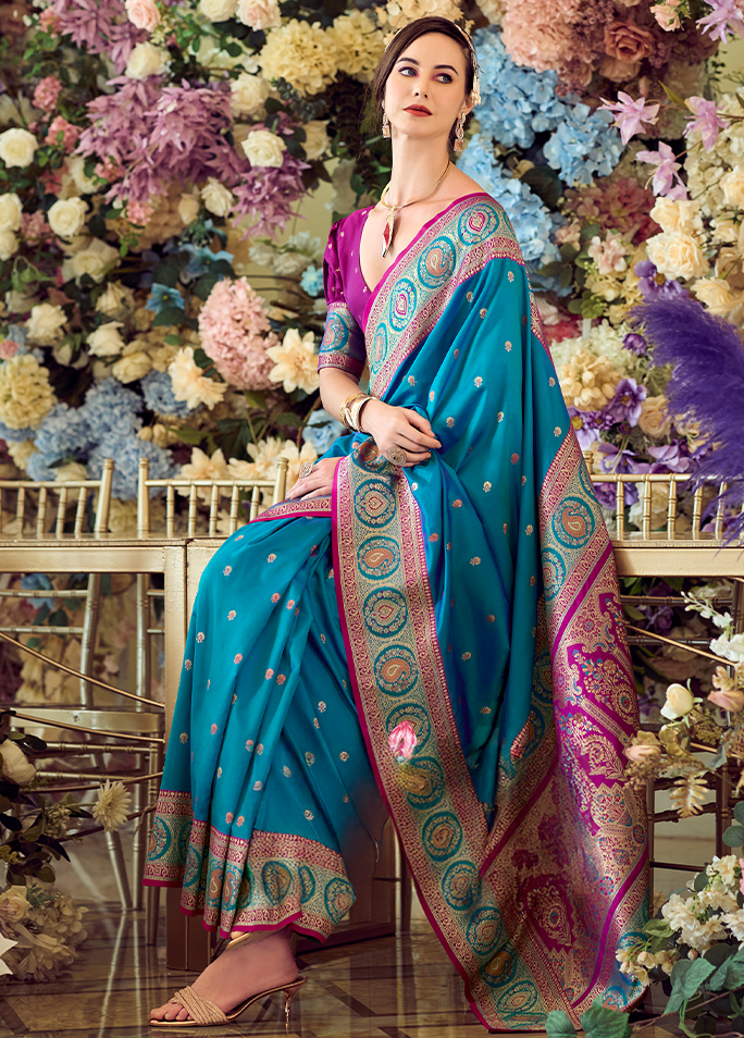 Minakari Paithani, Pure Soft Banarasi Silk Saree (Blue)
