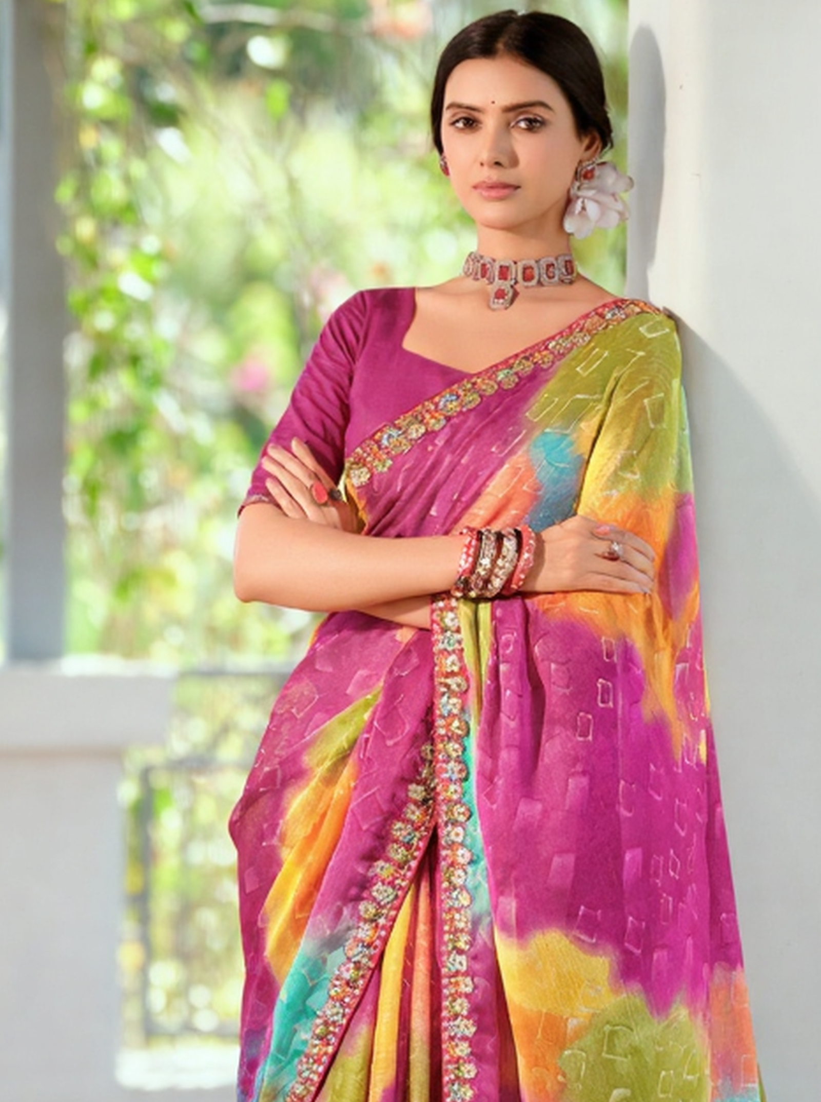 Georgette Weaving Pattern Digital Print Saree with Embroidered Border