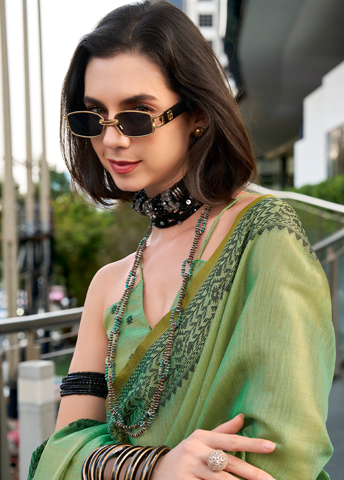 Linen Tissue, Gala Border Saree (Olive Green)