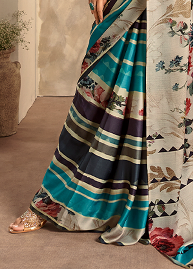 Fancy Print,Crape Silk Saree (Sky Blue)