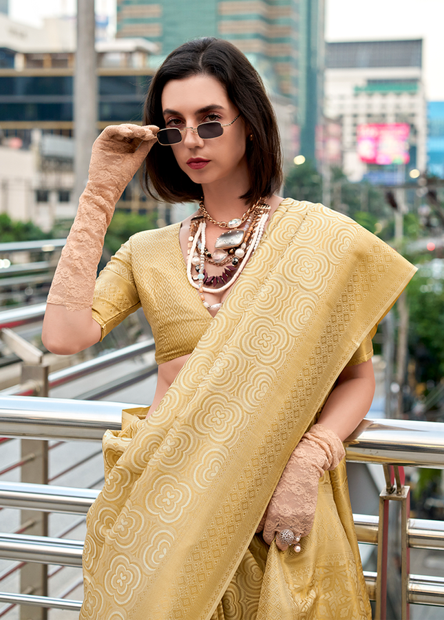 Kanjivaram style, sattin crape silk Saree (Golden)