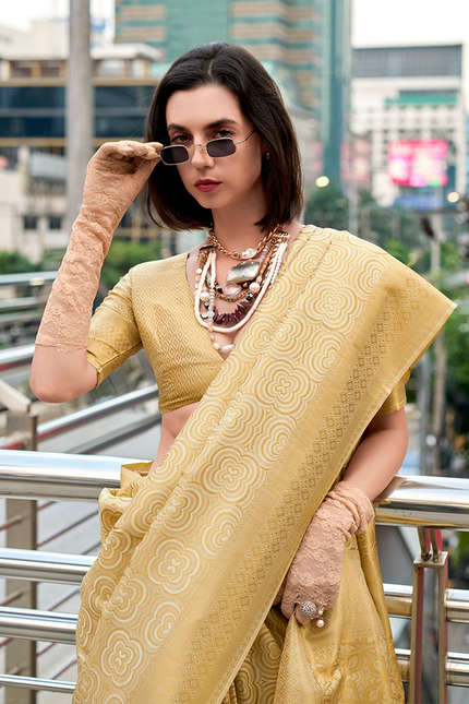 Kanjivaram style, sattin crape silk Saree (Golden)