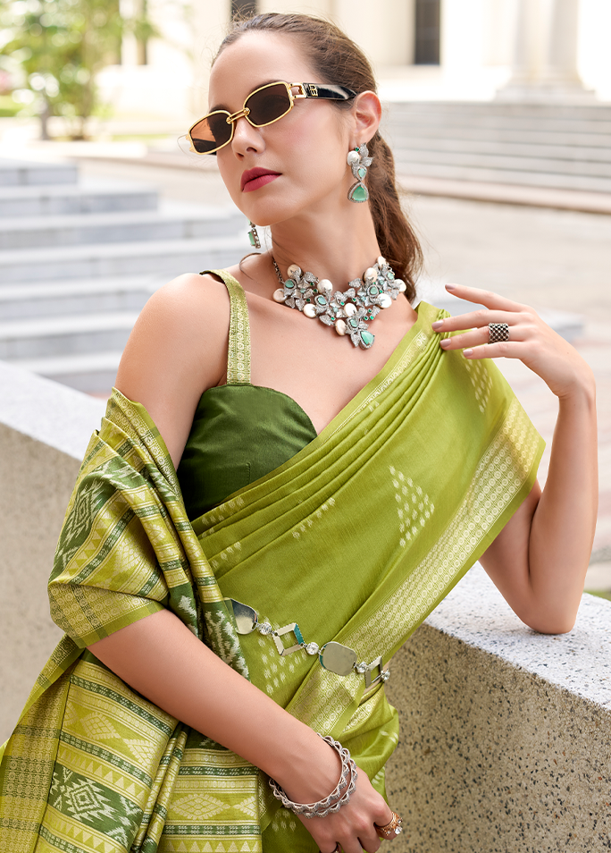 Rayon Silk With Ikkat Weaving (Olive Green)