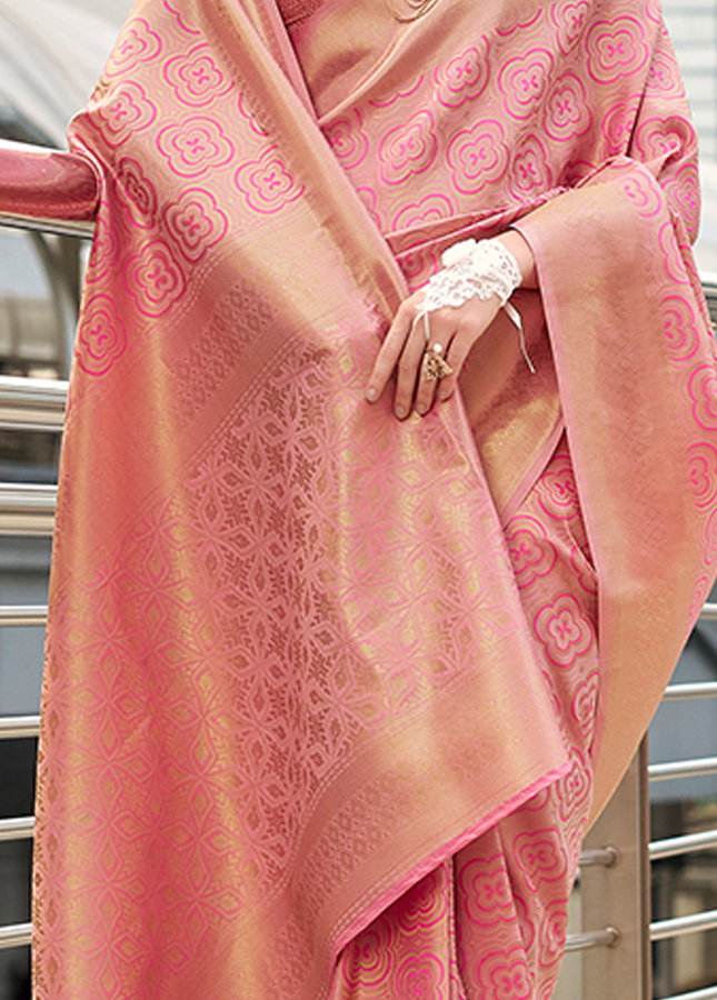 Kanjivaram style, sattin crape silk Saree (Pink)