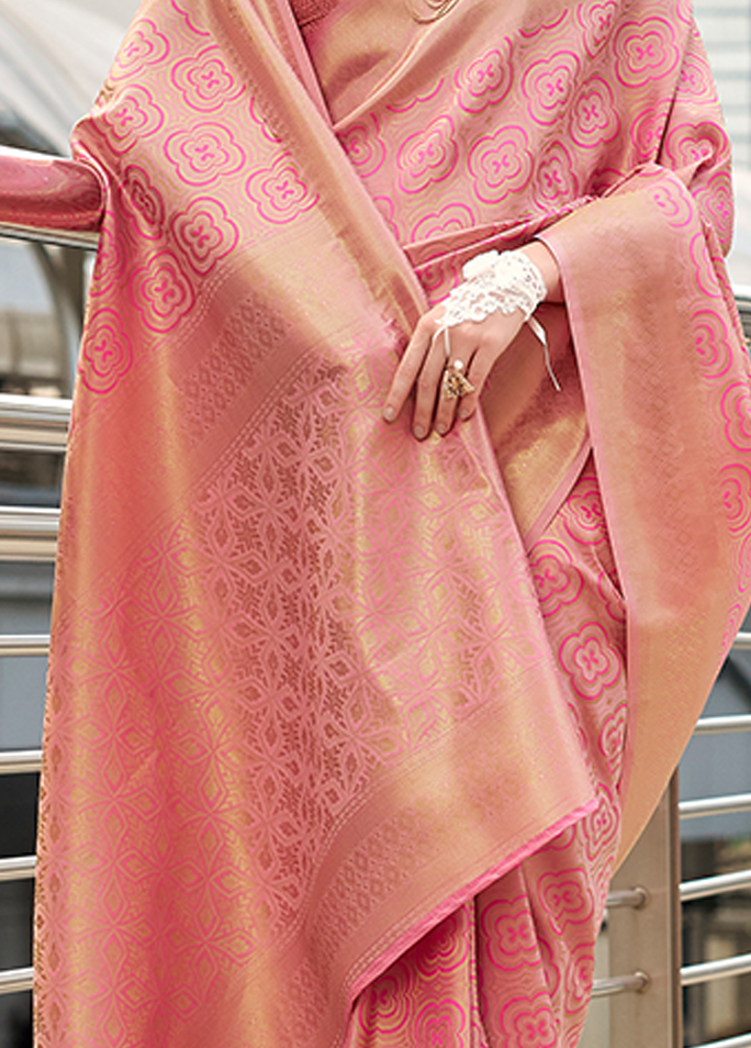 Handloom Kanjivaram Buttery Silk with Zari Weaving (Rose Pink)