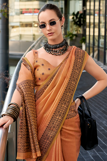 Linen Tissue,Gala Border Saree (Orange)