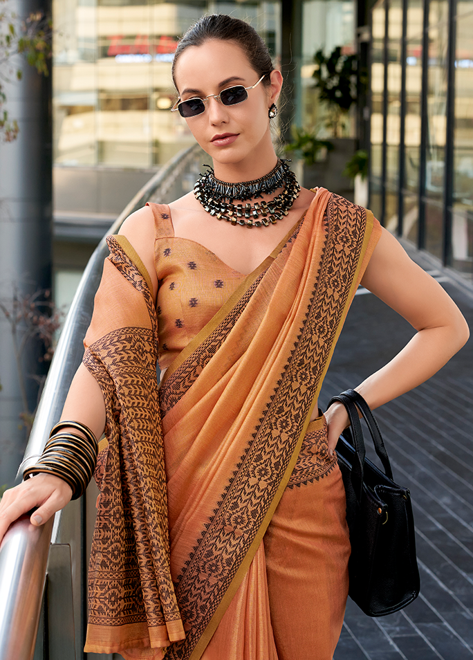Linen Tissue, Gala Border Saree (Orange)