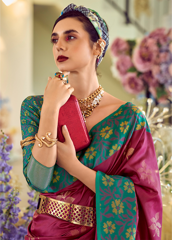 Ikkat Border, Soft silk Contrast pallu Saree (Maroon)